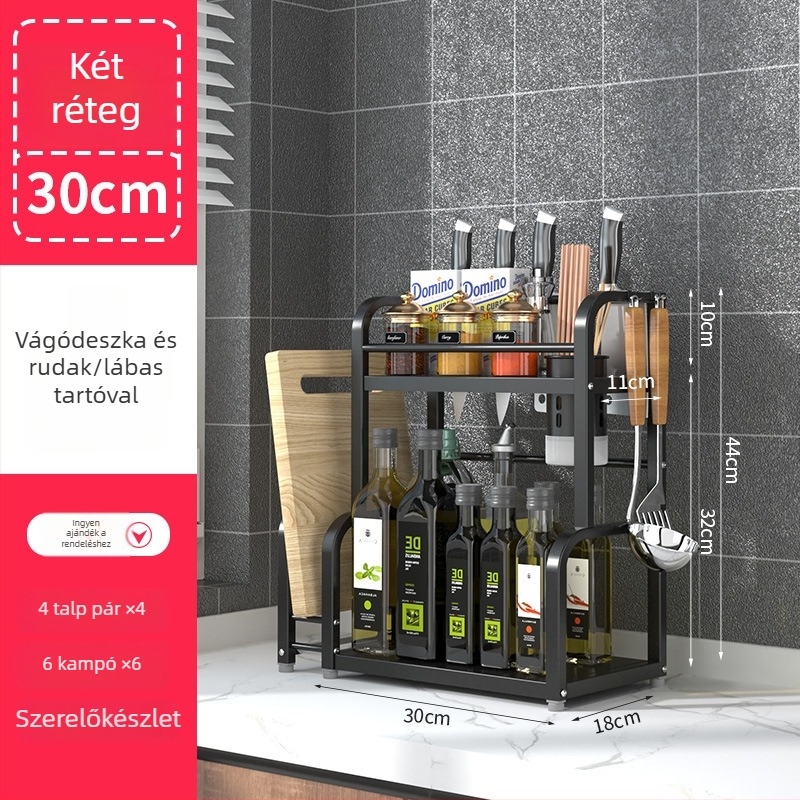 Rozsdamentes acélból készült, több rétegű konyhai fűszeres állvány, asztali használatra, furat nélküli, modern minimalist stílus