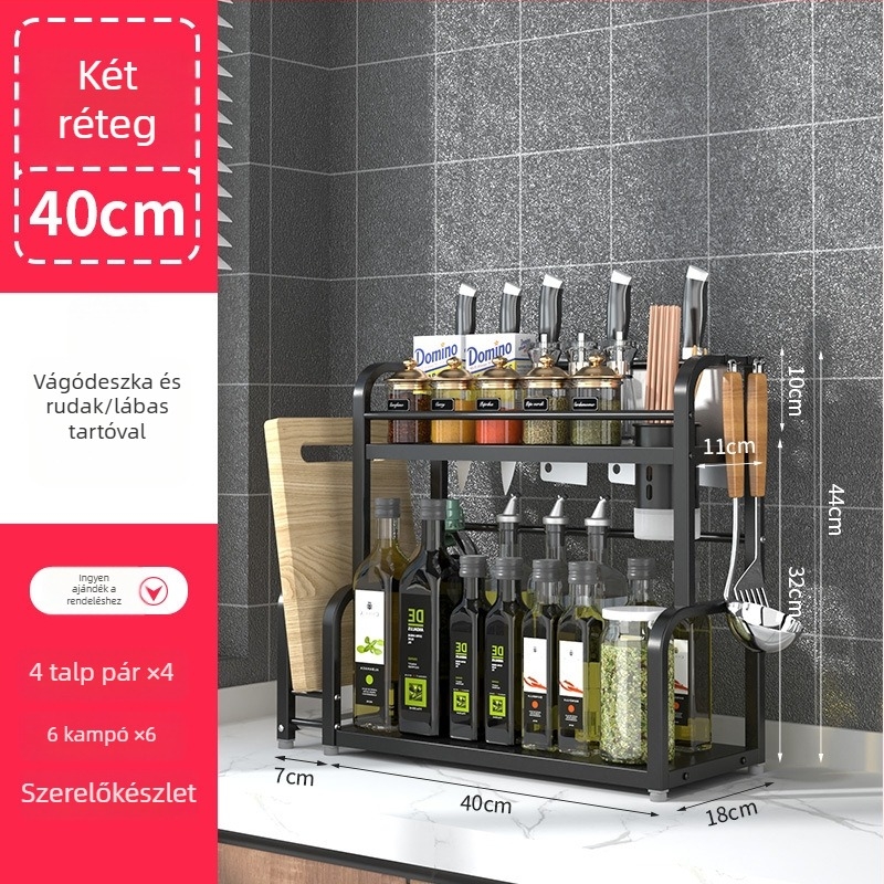 Rozsdamentes acélból készült, több rétegű konyhai fűszeres állvány, asztali használatra, furat nélküli, modern minimalist stílus