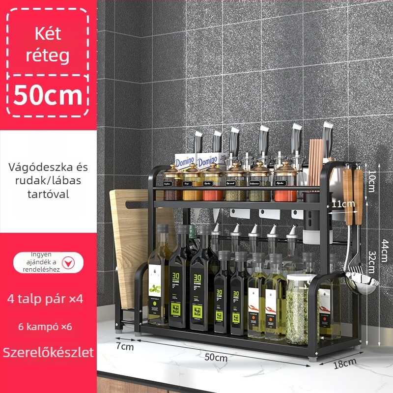 Rozsdamentes acélból készült, több rétegű konyhai fűszeres állvány, asztali használatra, furat nélküli, modern minimalist stílus