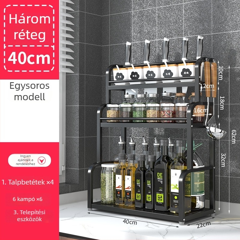 Rozsdamentes acélból készült, több rétegű konyhai fűszeres állvány, asztali használatra, furat nélküli, modern minimalist stílus