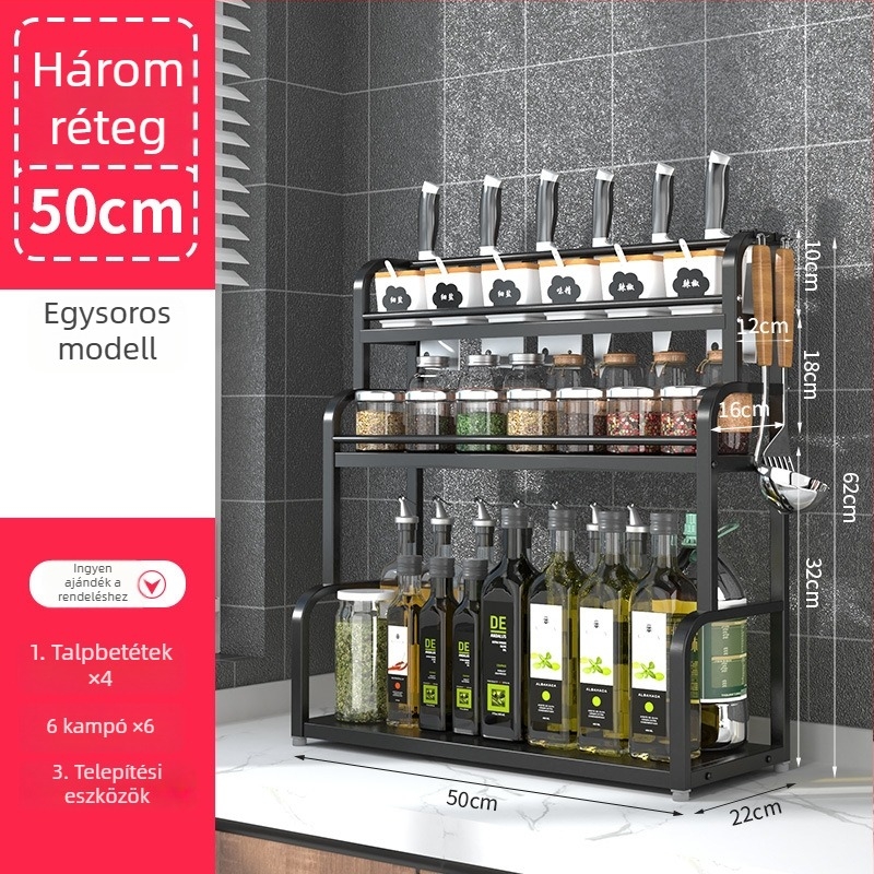 Rozsdamentes acélból készült, több rétegű konyhai fűszeres állvány, asztali használatra, furat nélküli, modern minimalist stílus