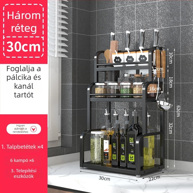 Rozsdamentes acélból készült, több rétegű konyhai fűszeres állvány, asztali használatra, furat nélküli, modern minimalist stílus