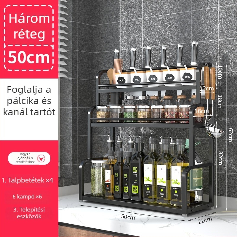 Rozsdamentes acélból készült, több rétegű konyhai fűszeres állvány, asztali használatra, furat nélküli, modern minimalist stílus