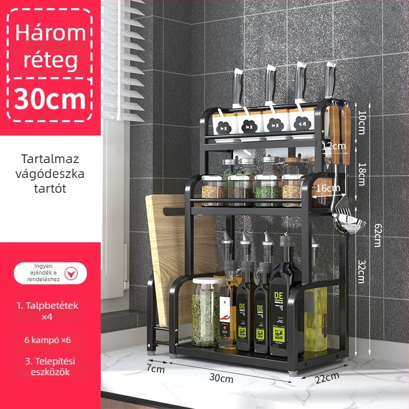 Rozsdamentes acélból készült, több rétegű konyhai fűszeres állvány, asztali használatra, furat nélküli, modern minimalist stílus