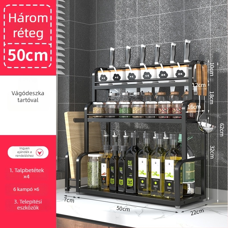 Rozsdamentes acélból készült, több rétegű konyhai fűszeres állvány, asztali használatra, furat nélküli, modern minimalist stílus