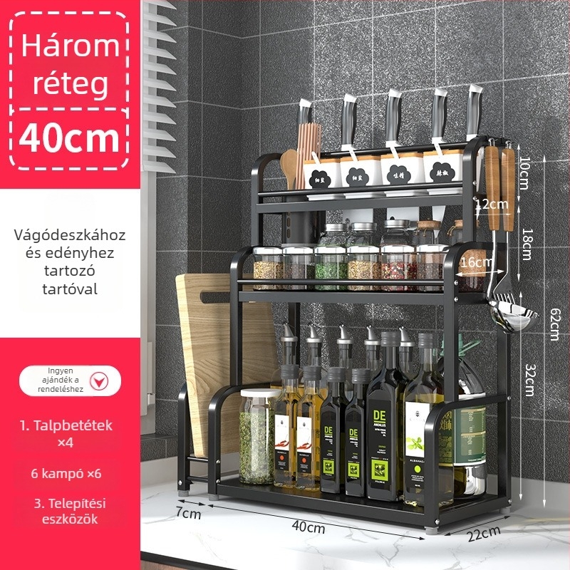 Rozsdamentes acélból készült, több rétegű konyhai fűszeres állvány, asztali használatra, furat nélküli, modern minimalist stílus