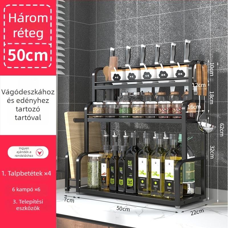 Rozsdamentes acélból készült, több rétegű konyhai fűszeres állvány, asztali használatra, furat nélküli, modern minimalist stílus