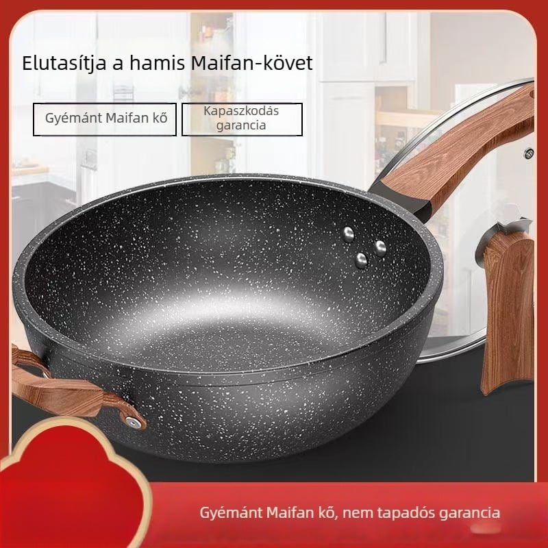 Mrs. Ma finomított vasból készült tapadásmentes wok, univerzális indukciós és gáztűzhelyekhez; plazmaspray bevonat; fedél rozsdamentes acél üveggel