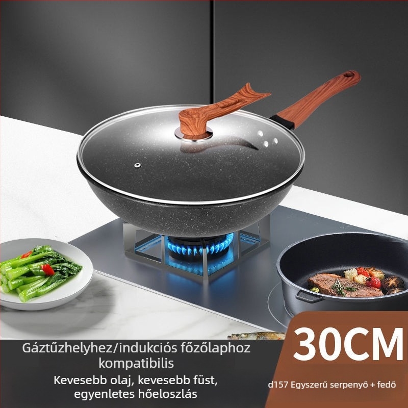 Mrs. Ma finomított vasból készült tapadásmentes wok, univerzális indukciós és gáztűzhelyekhez; plazmaspray bevonat; fedél rozsdamentes acél üveggel