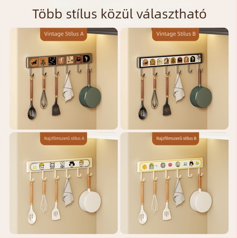 Többfunkciós konyhai kampóállvány, űrrepülés-minőségű alumínium, falra szerelhető, modern minimalista stílus, több mint három kampó sor, teherbírás 0–1 kg
