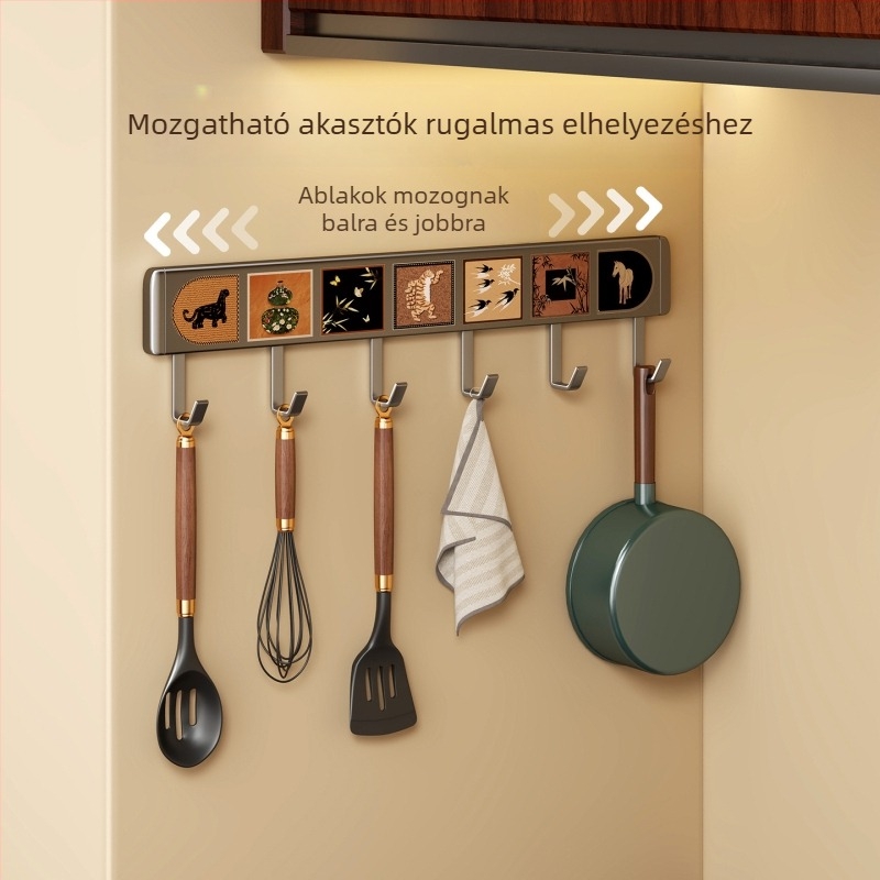 Többfunkciós konyhai kampóállvány, űrrepülés-minőségű alumínium, falra szerelhető, modern minimalista stílus, több mint három kampó sor, teherbírás 0–1 kg