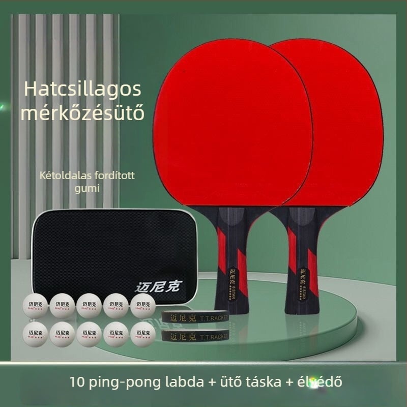 Asztaliteniszütő, dupla csillag, kezdőknek és gyerekeknek és felnőtteknek, hosszú ragasztógumival, PE alaplemez, fogás vízszintes és penhold