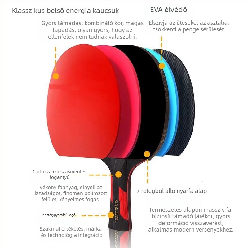 Asztaliteniszütő, dupla csillag, kezdőknek és gyerekeknek és felnőtteknek, hosszú ragasztógumival, PE alaplemez, fogás vízszintes és penhold