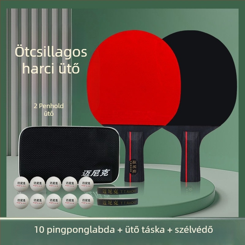 Asztaliteniszütő, dupla csillag, kezdőknek és gyerekeknek és felnőtteknek, hosszú ragasztógumival, PE alaplemez, fogás vízszintes és penhold