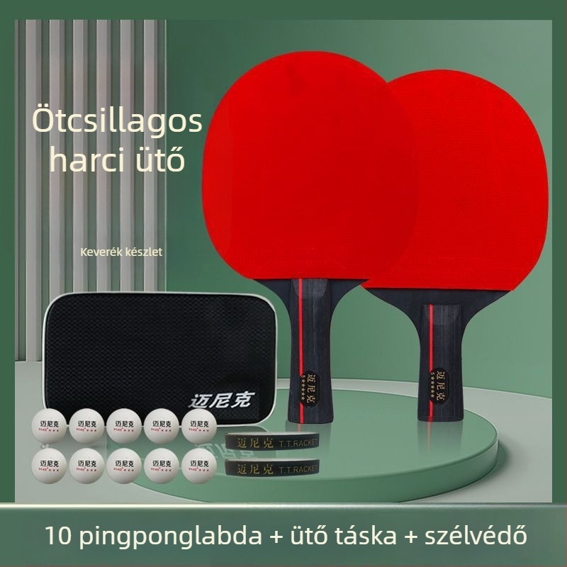 Asztaliteniszütő, dupla csillag, kezdőknek és gyerekeknek és felnőtteknek, hosszú ragasztógumival, PE alaplemez, fogás vízszintes és penhold