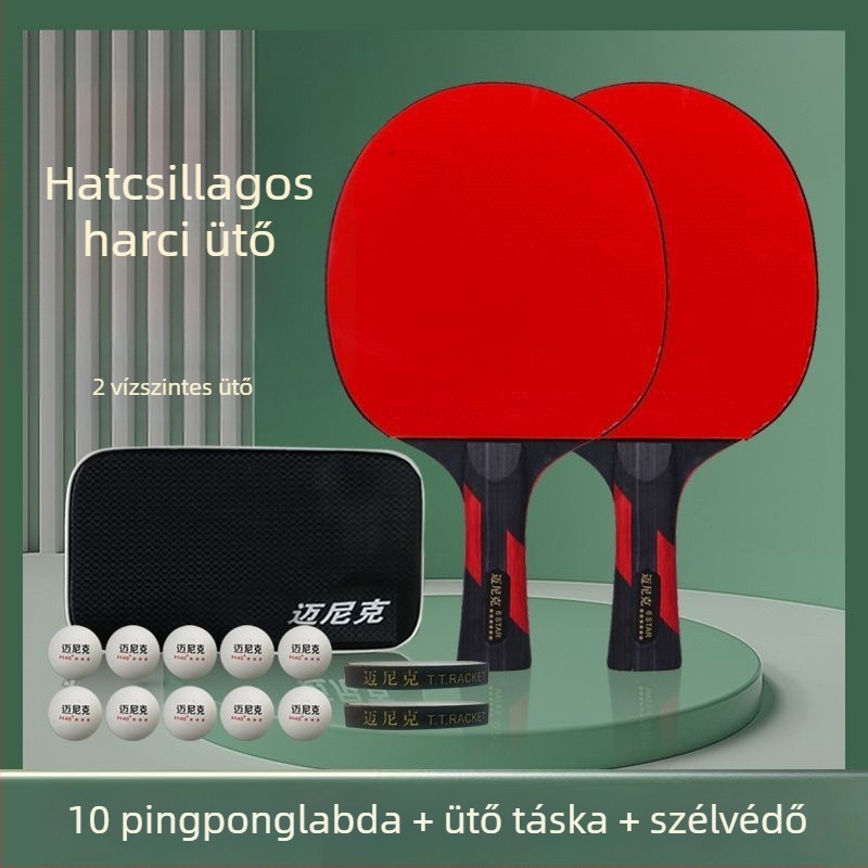 Asztaliteniszütő, dupla csillag, kezdőknek és gyerekeknek és felnőtteknek, hosszú ragasztógumival, PE alaplemez, fogás vízszintes és penhold