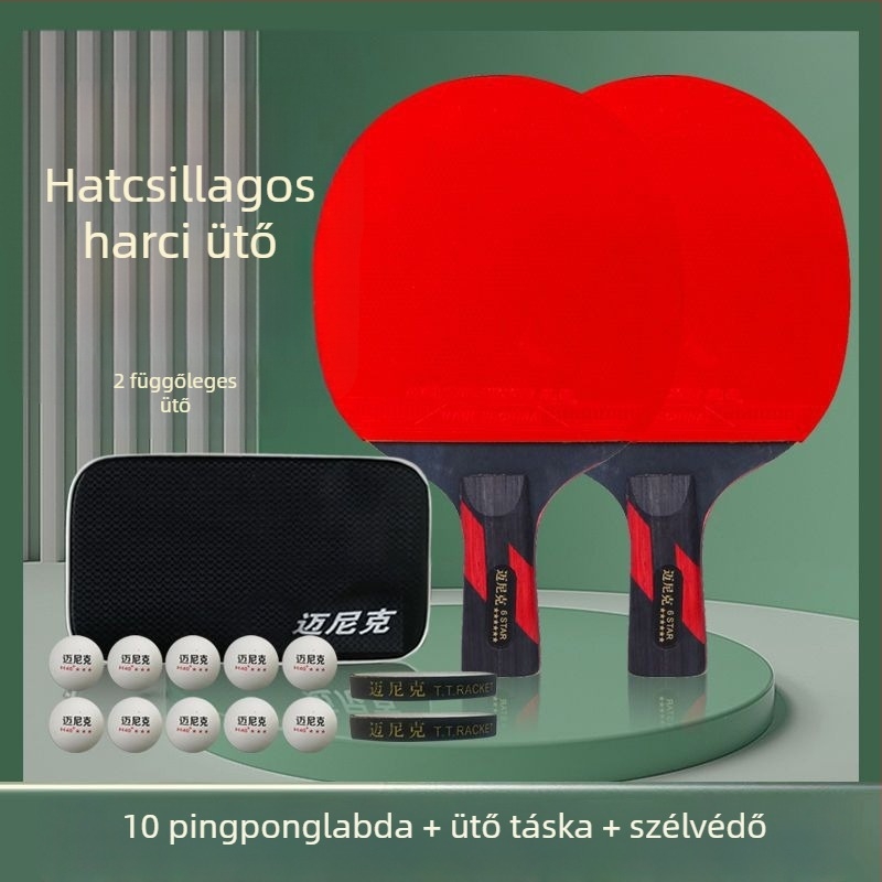 Asztaliteniszütő, dupla csillag, kezdőknek és gyerekeknek és felnőtteknek, hosszú ragasztógumival, PE alaplemez, fogás vízszintes és penhold
