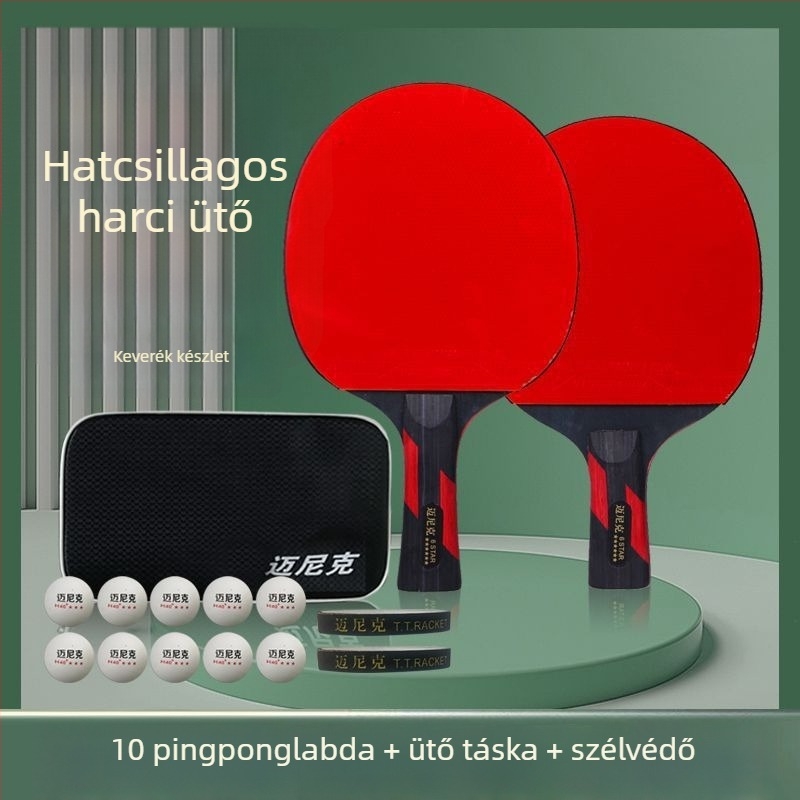 Asztaliteniszütő, dupla csillag, kezdőknek és gyerekeknek és felnőtteknek, hosszú ragasztógumival, PE alaplemez, fogás vízszintes és penhold