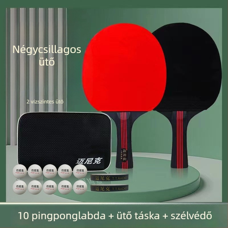 Asztaliteniszütő, dupla csillag, kezdőknek és gyerekeknek és felnőtteknek, hosszú ragasztógumival, PE alaplemez, fogás vízszintes és penhold