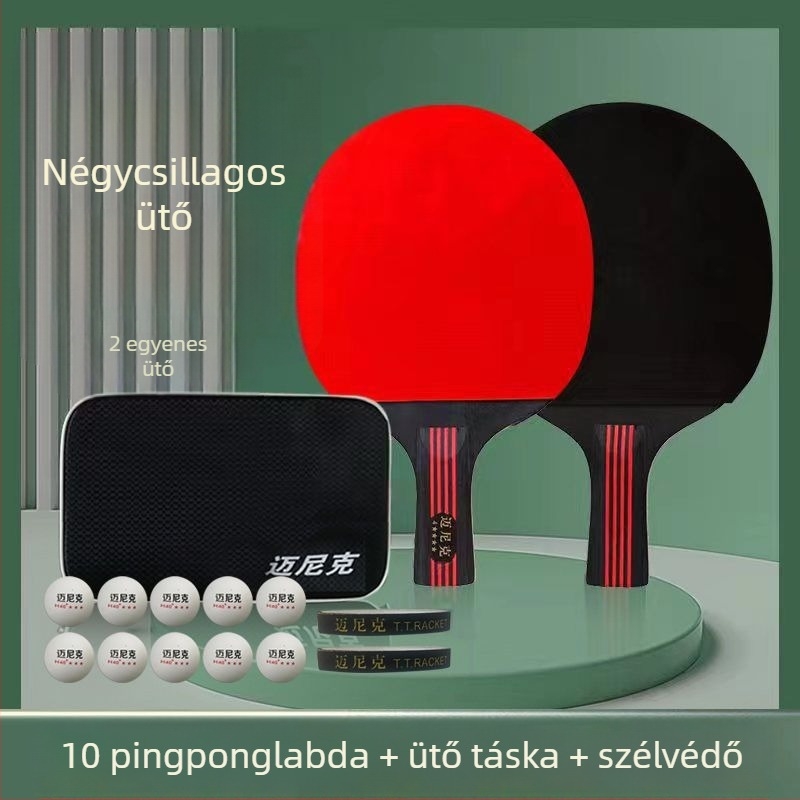 Asztaliteniszütő, dupla csillag, kezdőknek és gyerekeknek és felnőtteknek, hosszú ragasztógumival, PE alaplemez, fogás vízszintes és penhold