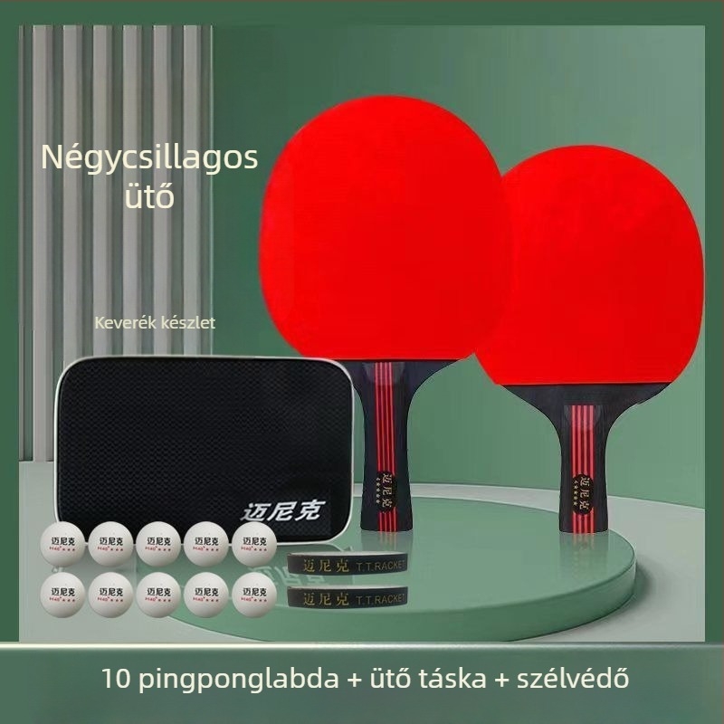 Asztaliteniszütő, dupla csillag, kezdőknek és gyerekeknek és felnőtteknek, hosszú ragasztógumival, PE alaplemez, fogás vízszintes és penhold
