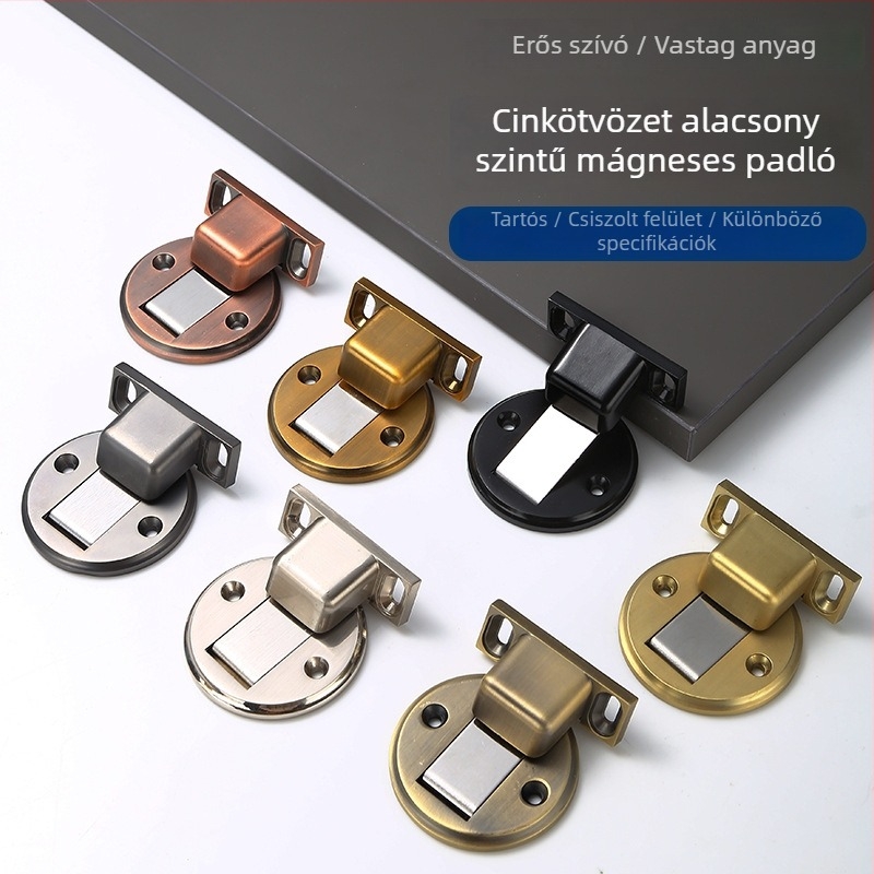 Padlóra szerelt mágneses ajtóstop, modell D07, cink ötvözet, automatikus működtetés, fúrás nélküli szerelés.