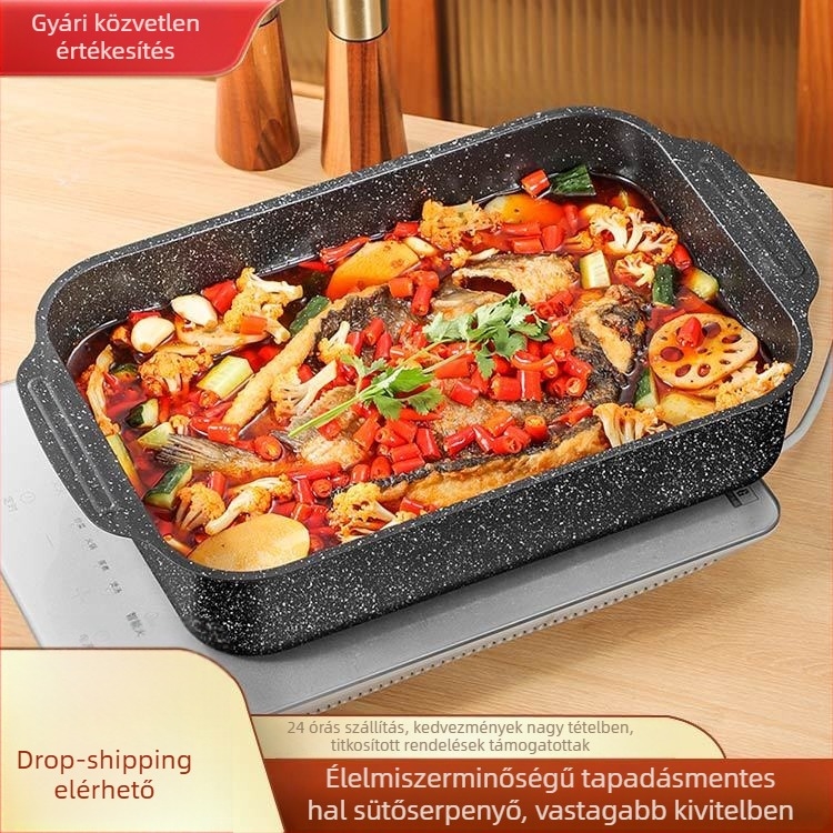 Halas grillserpenyő, négyszögletes, szénacél, vastagított kivitel, tapadásmentes bevonat, indukciós tűzhelyhez