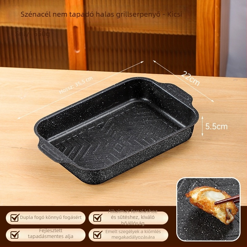 Halas grillserpenyő, négyszögletes, szénacél, vastagított kivitel, tapadásmentes bevonat, indukciós tűzhelyhez
