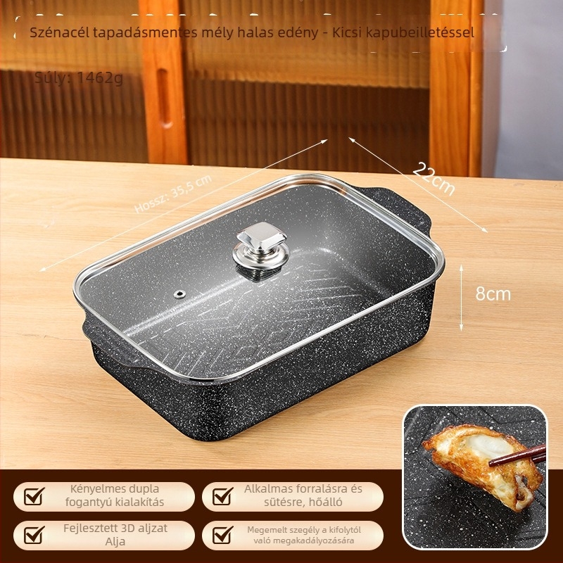 Halas grillserpenyő, négyszögletes, szénacél, vastagított kivitel, tapadásmentes bevonat, indukciós tűzhelyhez