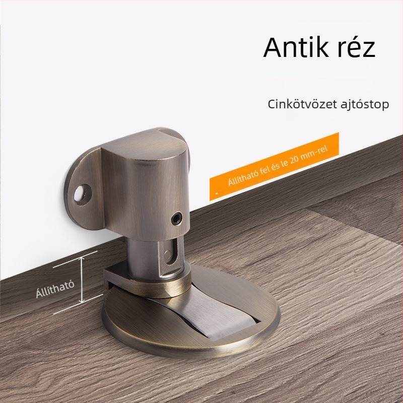 Ajtóstop zinkötvözetből, padlóra szerelhető, állítható magasságú, lyukmentes telepítés, erős mágneses rejtett ajtókapocs (Model 322)