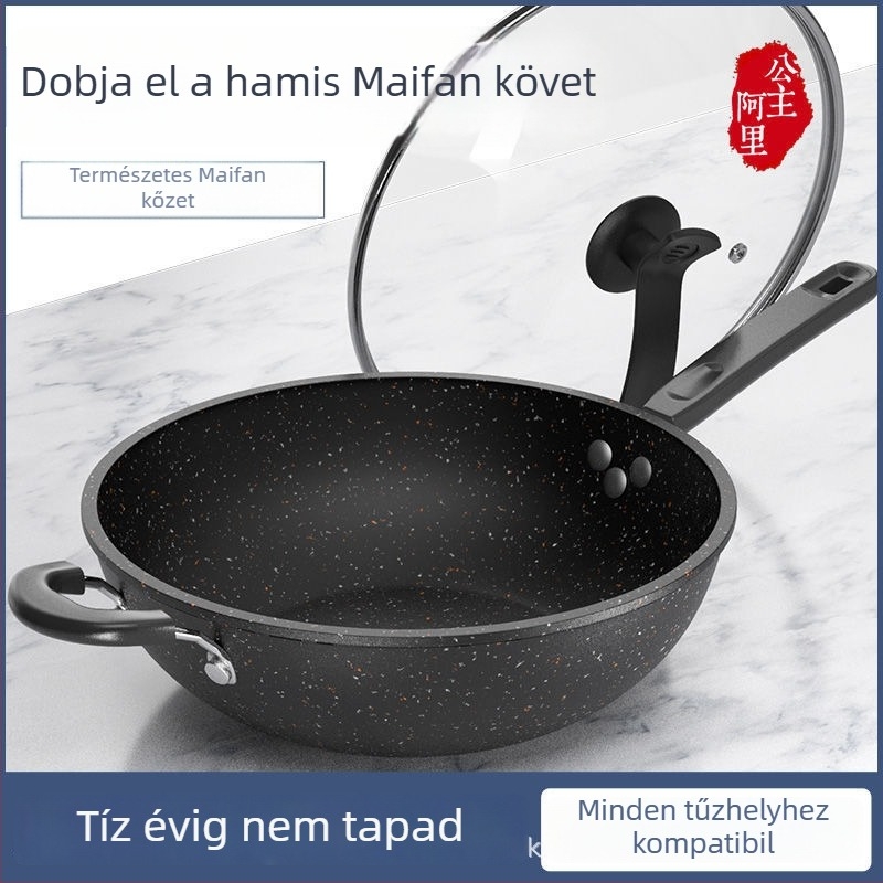 Finomított vasból készült wok, tapadásmentes, kompatibil gáztűzhellyel és indukciós főzőlappal, súly 2,2 kg, mélység 10 cm