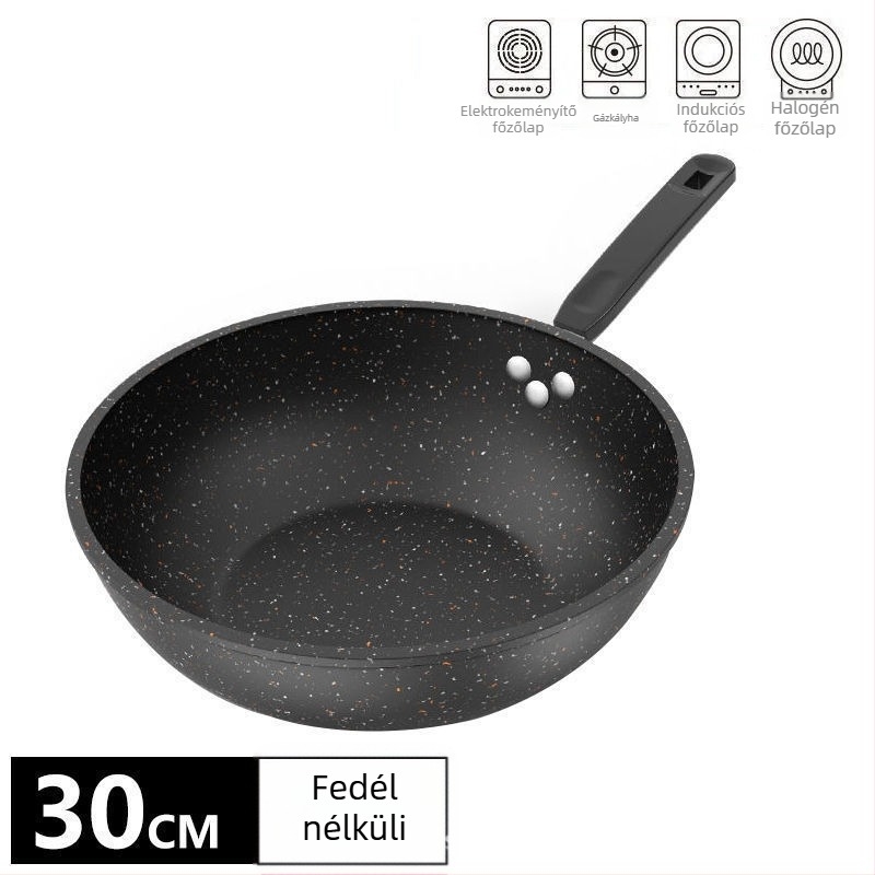 Finomított vasból készült wok, tapadásmentes, kompatibil gáztűzhellyel és indukciós főzőlappal, súly 2,2 kg, mélység 10 cm