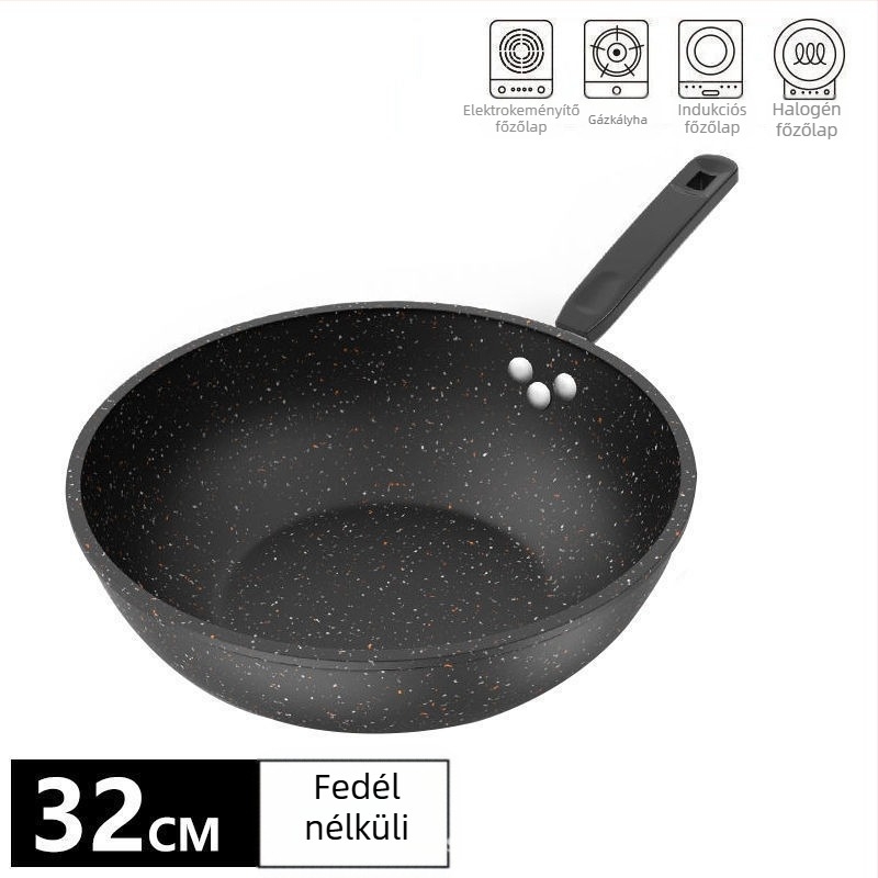 Finomított vasból készült wok, tapadásmentes, kompatibil gáztűzhellyel és indukciós főzőlappal, súly 2,2 kg, mélység 10 cm