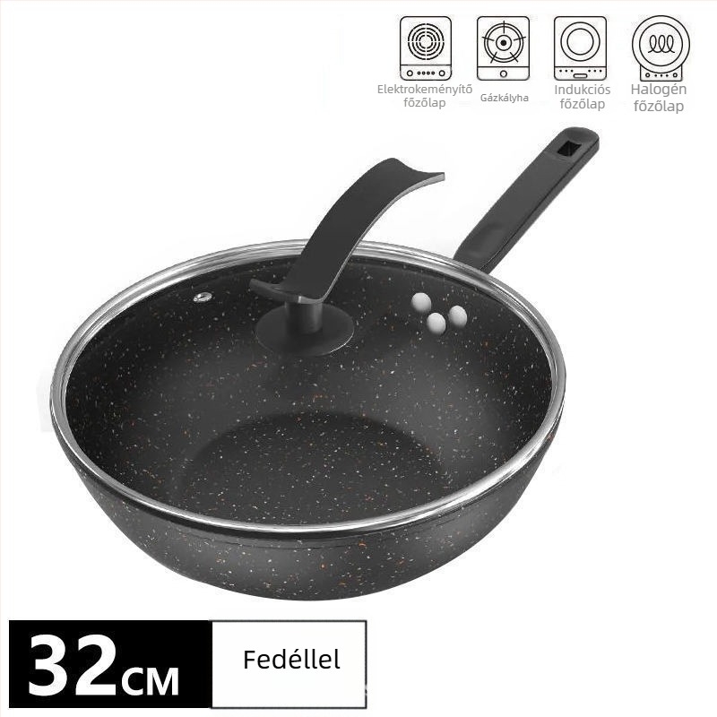Finomított vasból készült wok, tapadásmentes, kompatibil gáztűzhellyel és indukciós főzőlappal, súly 2,2 kg, mélység 10 cm