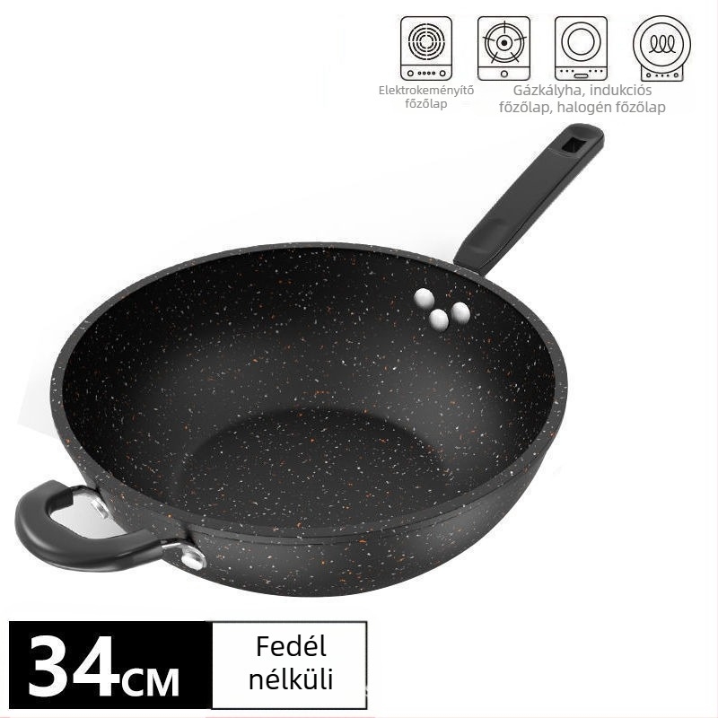 Finomított vasból készült wok, tapadásmentes, kompatibil gáztűzhellyel és indukciós főzőlappal, súly 2,2 kg, mélység 10 cm