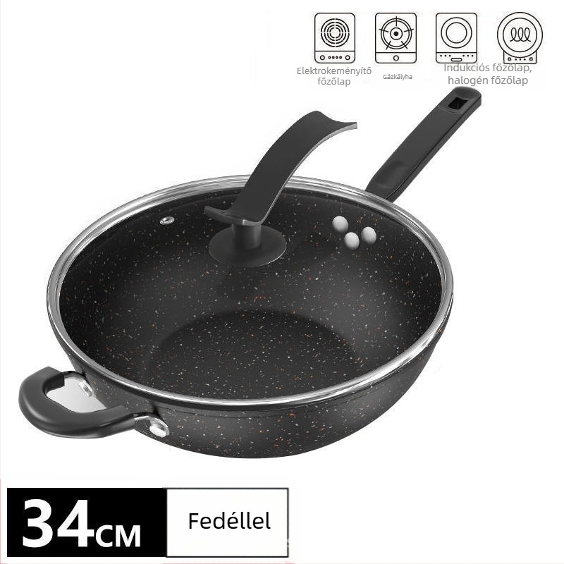 Finomított vasból készült wok, tapadásmentes, kompatibil gáztűzhellyel és indukciós főzőlappal, súly 2,2 kg, mélység 10 cm