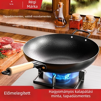 Kalapált sík aljú wok serpenyő, kovácsoltvas test, szénacél alj, indukciós és gáztűzhelyhez egyaránt, könnyen tisztítható