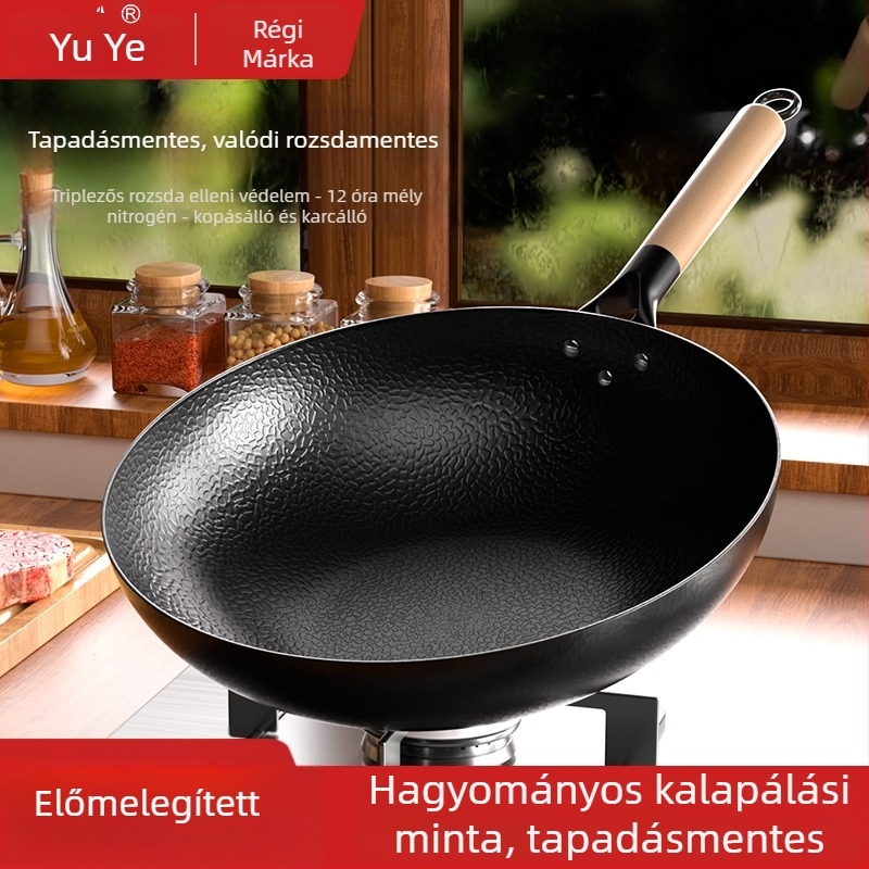 Kalapált sík aljú wok serpenyő, kovácsoltvas test, szénacél alj, indukciós és gáztűzhelyhez egyaránt, könnyen tisztítható