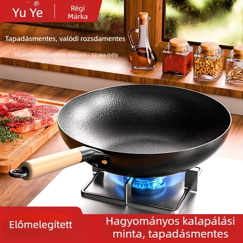 Kalapált sík aljú wok serpenyő, kovácsoltvas test, szénacél alj, indukciós és gáztűzhelyhez egyaránt, könnyen tisztítható