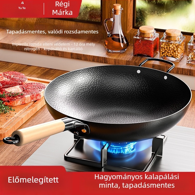 Kalapált sík aljú wok serpenyő, kovácsoltvas test, szénacél alj, indukciós és gáztűzhelyhez egyaránt, könnyen tisztítható