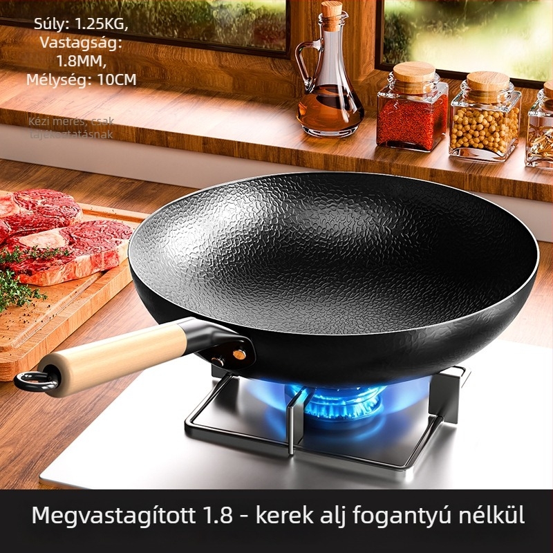 Kalapált sík aljú wok serpenyő, kovácsoltvas test, szénacél alj, indukciós és gáztűzhelyhez egyaránt, könnyen tisztítható