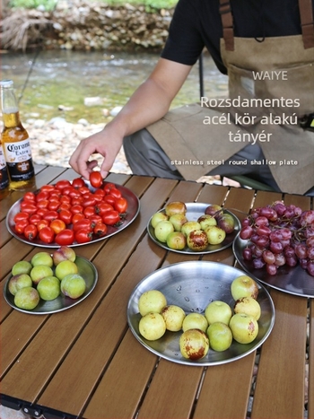 Rozsdamentes acélból készült kültéri piknikhez készített tányérok – 5 darabos készlet, kerek, lapos, hordozható, hőálló