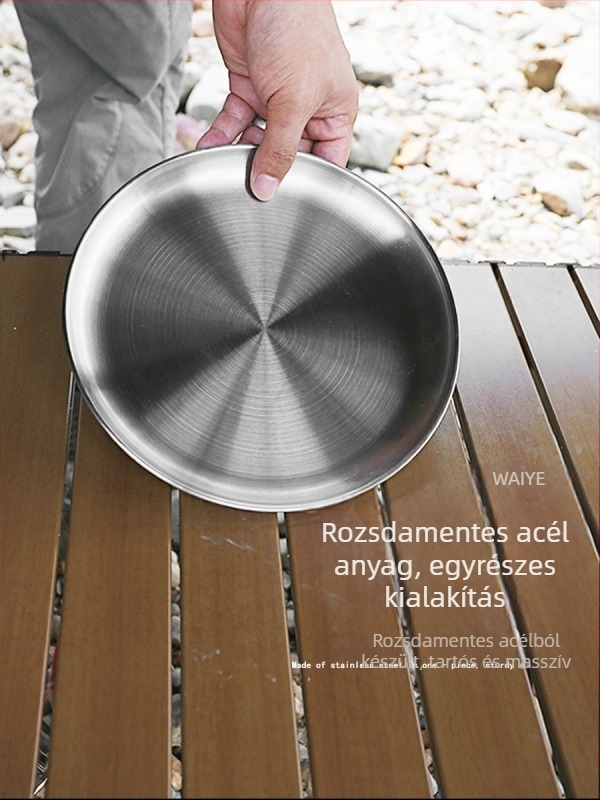 Rozsdamentes acélból készült kültéri piknikhez készített tányérok – 5 darabos készlet, kerek, lapos, hordozható, hőálló