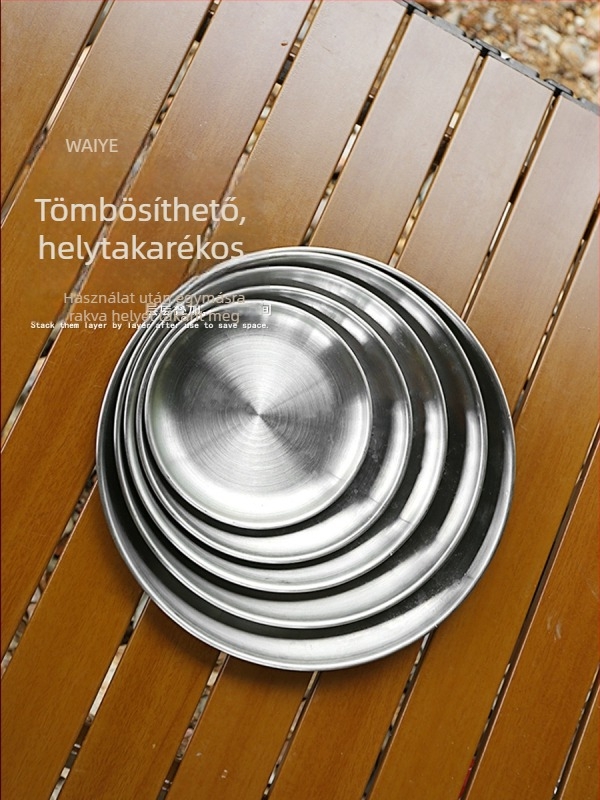 Rozsdamentes acélból készült kültéri piknikhez készített tányérok – 5 darabos készlet, kerek, lapos, hordozható, hőálló