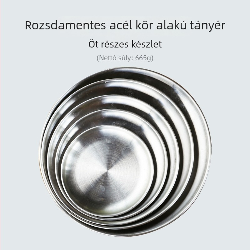 Rozsdamentes acélból készült kültéri piknikhez készített tányérok – 5 darabos készlet, kerek, lapos, hordozható, hőálló