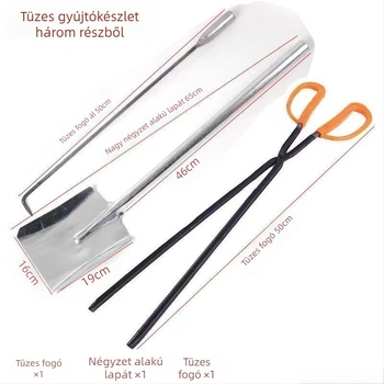 Háromrészes tűziszerszám-készlet grillezéshez: kampó, szénlapát és fogó; lágyacél
