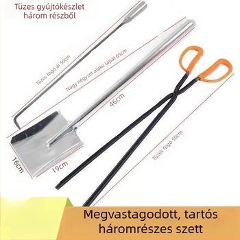 Háromrészes tűziszerszám-készlet grillezéshez: kampó, szénlapát és fogó; lágyacél