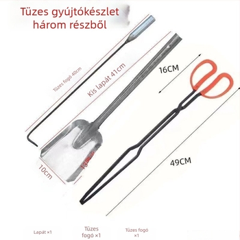 Háromrészes tűziszerszám-készlet grillezéshez: kampó, szénlapát és fogó; lágyacél