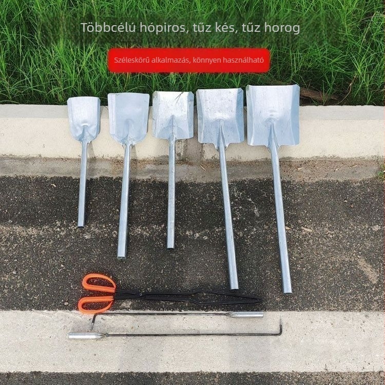 Háromrészes tűziszerszám-készlet grillezéshez: kampó, szénlapát és fogó; lágyacél