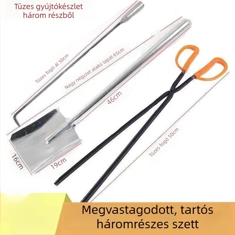 Háromrészes tűziszerszám-készlet grillezéshez: kampó, szénlapát és fogó; lágyacél